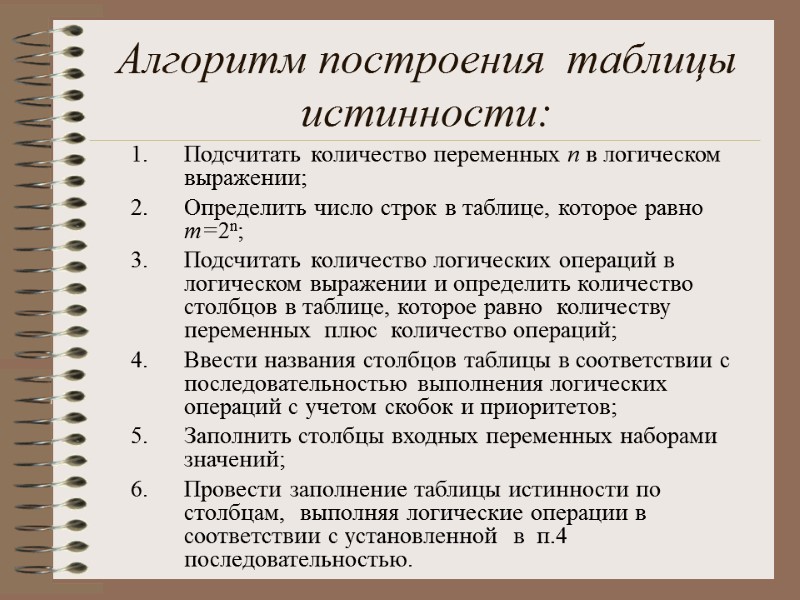 Алгоритм построения  таблицы  истинности:  Подсчитать количество переменных n в логическом выражении;